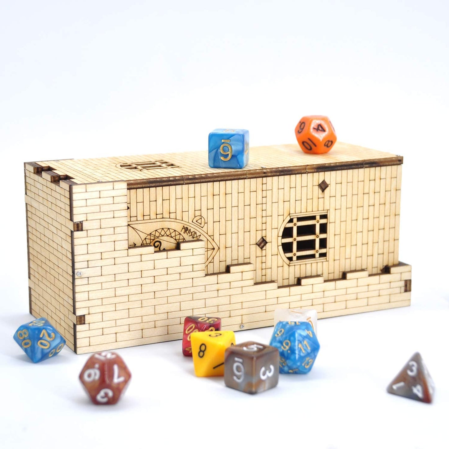 Wood Laser Cut Dragon Carving Castle Dice Tower with Tray