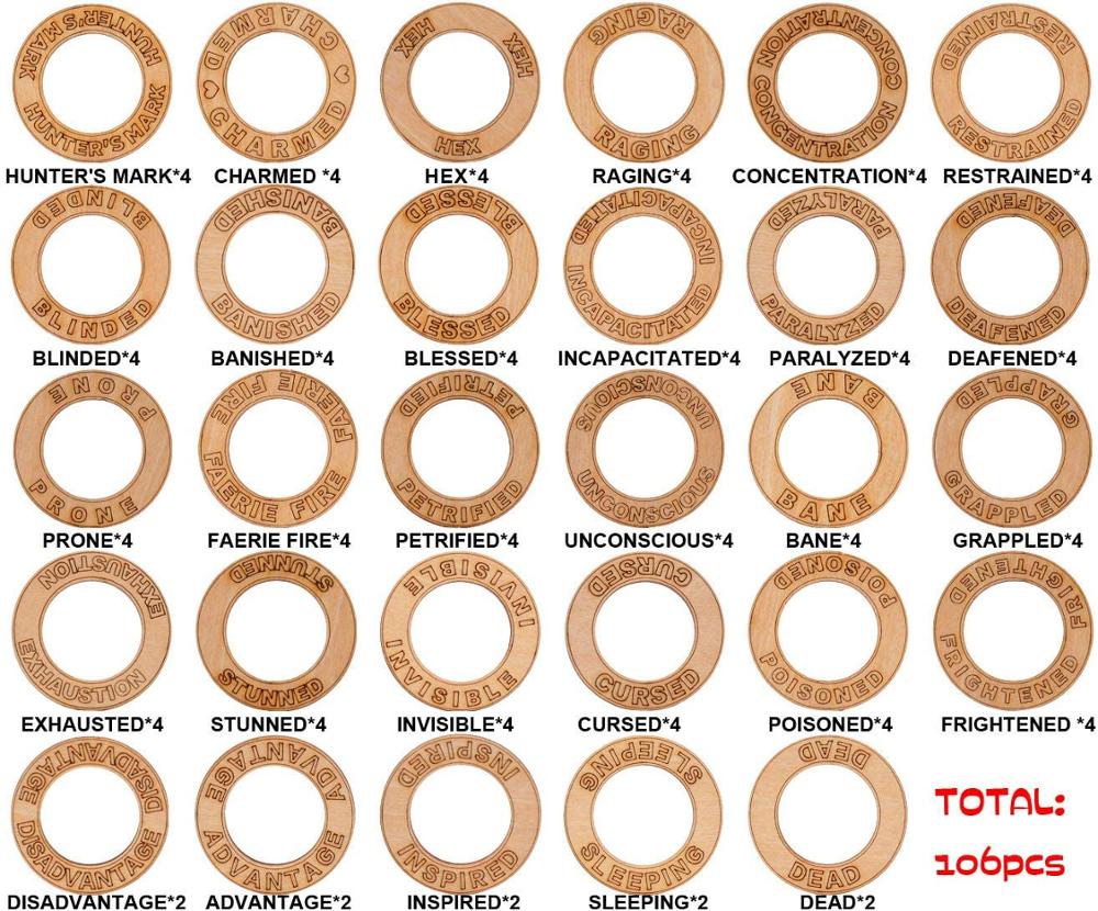 96 PCS Wooden Ring Status Effect Markers in 29 Conditions