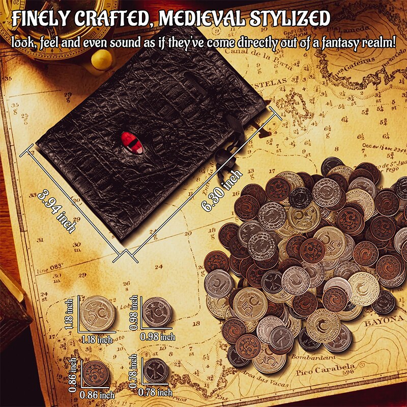 Metal Coins Set of 60 with Leather Pouch - Gaming Tokens, Pirate Treasure, Accessories; Props for Board Games