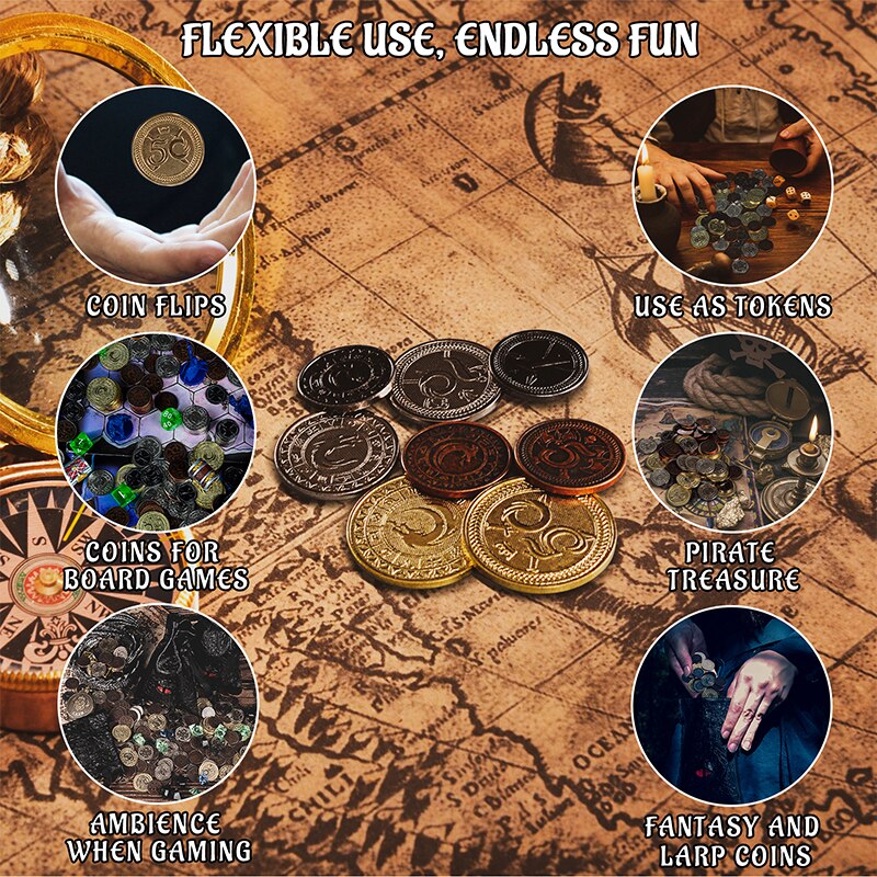 Metal Coins Set of 60 with Leather Pouch - Gaming Tokens, Pirate Treasure, Accessories; Props for Board Games