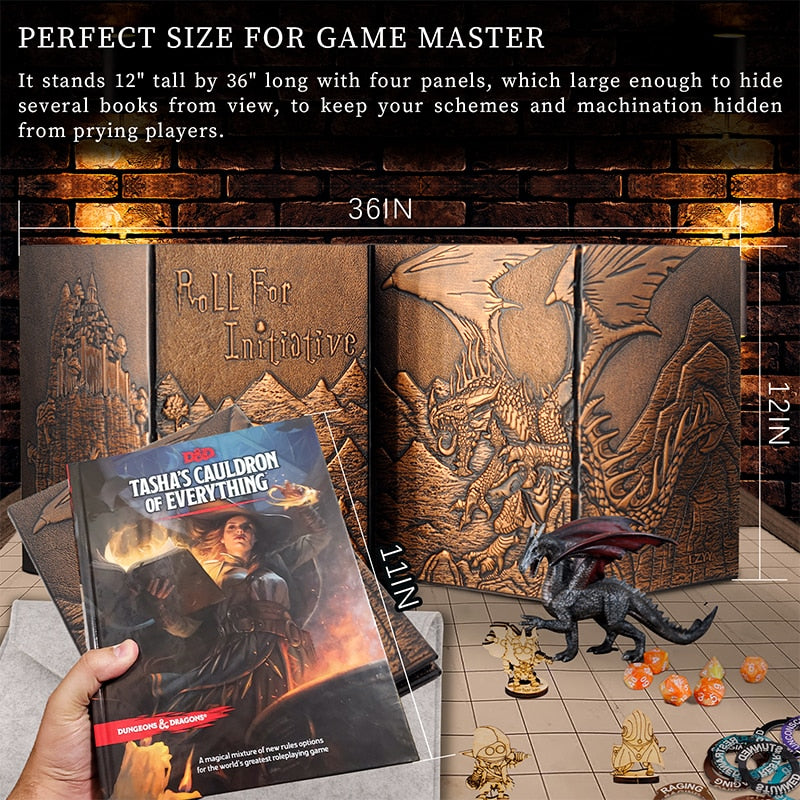 Faux Leather Dungeon Master Screen, Four-Panel with Pockets DM Screen for tabletop RPGs