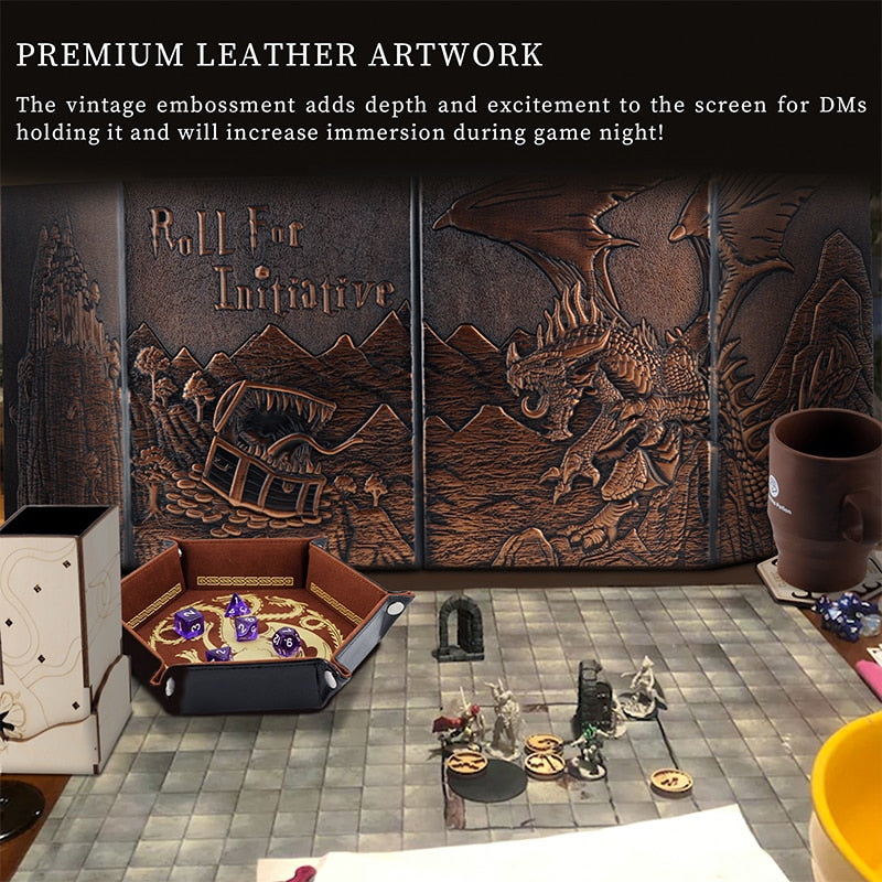 Faux Leather Dungeon Master Screen, Four-Panel with Pockets DM Screen for tabletop RPGs