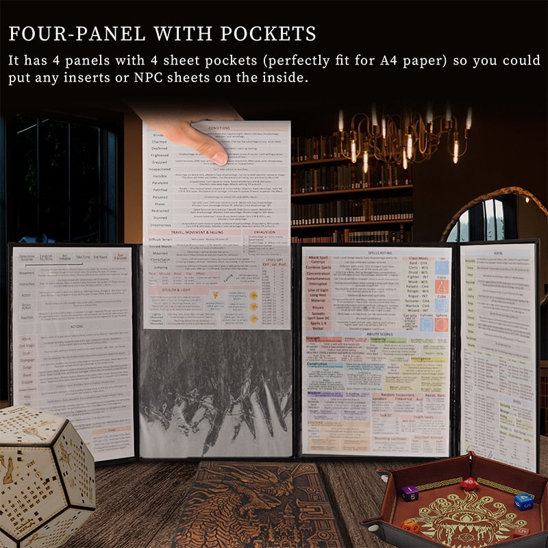 Faux Leather Dungeon Master Screen, Four-Panel with Pockets DM Screen for tabletop RPGs