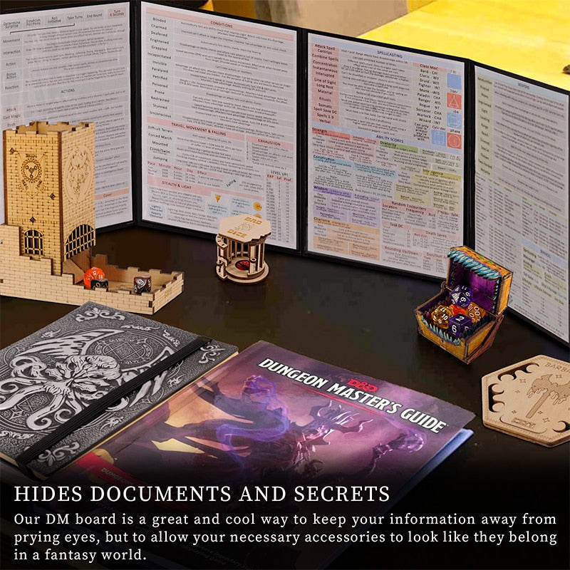 Faux Leather Dungeon Master Screen, Four-Panel with Pockets DM Screen for tabletop RPGs